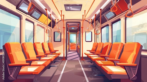 Vacant bus or train interior with chairs, handrails, and windows. Modern cartoon cabin with comfortable seats and digital display.