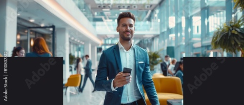 A young and happy businessman enters a modern office, holds his smartphone and checks social media. Diverse businesspeople work in the background.