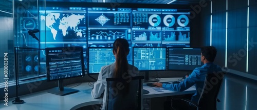 An experienced team of computer data scientists works on desktop computers with screens displaying charts, graphs, infographics, technical neural data, and statistics. A low key control room and
