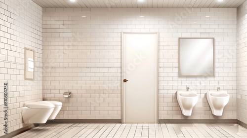 This modern illustration shows a white ceramic urinal in a male restroom with an empty frame for a mirror on the tiled wall. It shows a washroom, lavatory, and WC in a realistic manner.