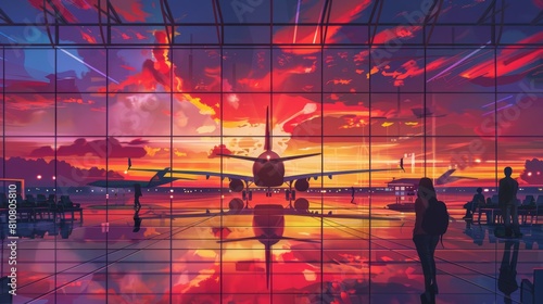 Vista dell'aereo dalla sala d'attesa del terminal dell'aeroporto al tramonto