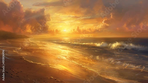 A breathtaking sunset over a tranquil beach, with golden hues painting the sky and gentle waves lapping at the shore.