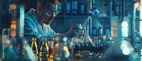 Laboratory for Medical Development: Male Scientist Mixes Liquid Chemicals in Glassware Beakers to Conduct Experiments. Pharmaceutical Lab with Specialists Researching Medicine, Biotechnology.