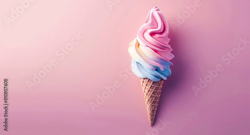  colorful ice cream in waffle cone on a pastel pink background.World ice cream day. Cold summer sweet desserts concept. Flat lay, top view. For menu, recipe.