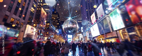 New Year s Eve ball drop in a crowded public square, light painting style