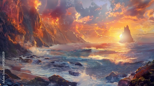 A panoramic view of a rugged coastline, with towering sea cliffs, crashing waves, and a dramatic sunset painting the sky in fiery hues.