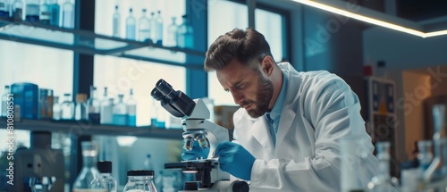 Using the microscope to write down analysis information in the modern medical laboratory for medicine, biotechnology, and microbiology development. Portrait of a male scientist using the microscope