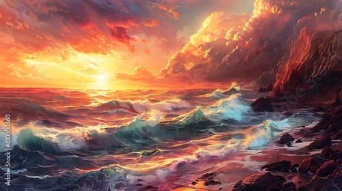 A panoramic view of a rugged coastline, with towering sea cliffs, crashing waves, and a dramatic sunset painting the sky in fiery hues.