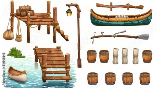 Symbolic modern set of an old wooden pier on a river, lake or sea, a boat, a pole with a lantern, barrels, and bags - all isolated on a white background.