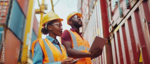 In the container terminal, a multi-ethnic female industrial engineer with a tablet and a black African American supervisor, both in hard hats and safety vests, talk about logistics operations with