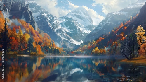 A serene lake nestled among towering mountains, reflecting the snow-capped peaks and vibrant autumn foliage.