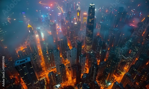 Aerial view of dense urban cityscape at night,