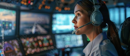 In the airport tower, a female flight controller talks on a headset on a call. The office room is full of desktop computer displays with navigation screens, flight departures and arrivals, and flight