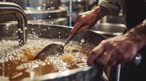 Close up of a brewer mixing the yeast cultures in old fermentation tanks, emphasizing the process of beer production