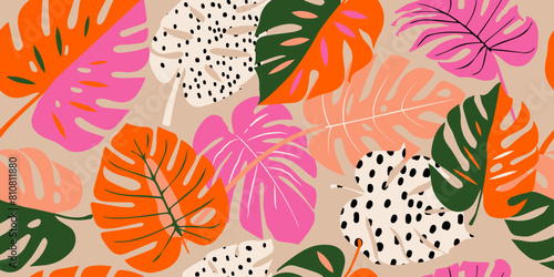 Hand drawn tropical seamless pattern, holiday and summer time, colorful style, natural ornaments for textile, fabric, wall art, wallpaper, poster and decor background.