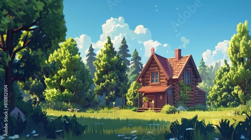 A wooden house stands in the summer forest. An old shack stands in the woods
