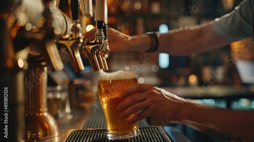 Close up of bartender fills a pint of tasty beer