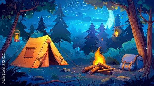 In this modern cartoon landscape, you can see a campsite, trees, a log and a bowler on fire in a summer camp in the forest. We provide equipment for hiking, camping, and outdoor activities.