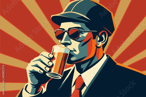 Retro gangster with a glass of beer. Vector illustration.