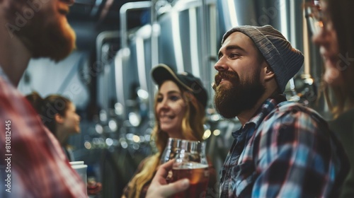 Close up of visitors on a brewery tour, listening attentively to the guide and surrounded by stainless steel tanks