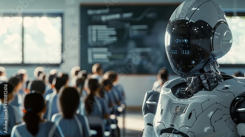 Scena futuristica in cui un insegnante robot sostituisce un insegnante umano in classe, con gli alunni che lo ascoltano