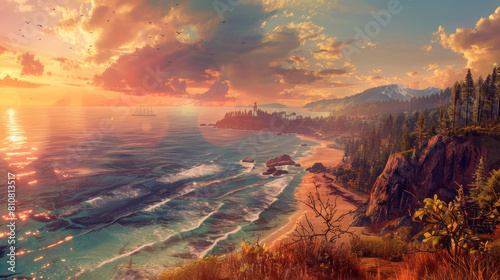 Stunning panoramic view of Arcadia Bay at sunset with ocean