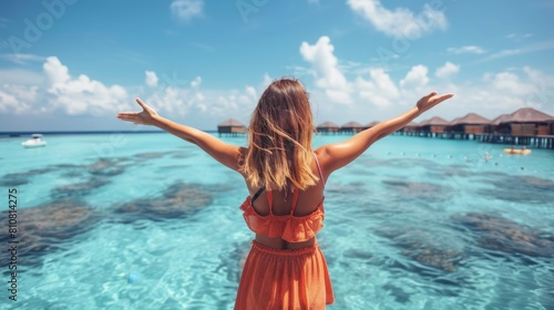 Ragazza che si diverte a braccia aperte in libertà, vista da dietro, durante una vacanza con sullo sfondo Hotel e il mare cristallino delle Maldive