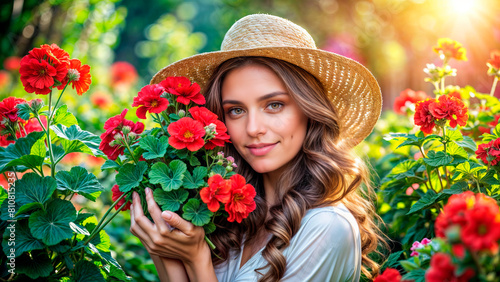 Portrait of a beautiful woman with geraniums