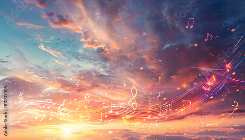 Treble clef and swirly staff with musical notes against sunset sky, banner design