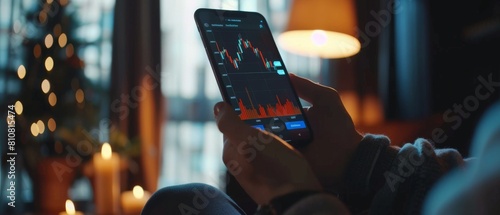 An image of a smartphone being used by a man to check share prices. A graph appears to be going up, making a great profit. A coziness ambiance fills the background.