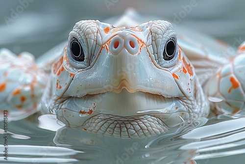 A mesmerizing close-up shot of an albino turtle's face partially submerged in water, showcasing its unique textures