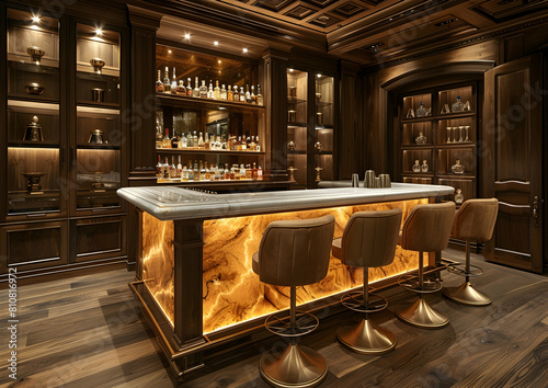 Elegant home bar with backlit liquor display, plush seating, and metallic accents