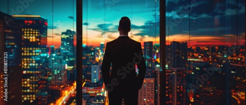 An intelligent young businessman in a tailored suit comes into his modern office looking out a window onto the big city during the evening. He is a successful finance manager planning strategies for