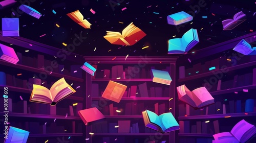 An animated web banner for a book festival, glowing bestsellers flying over a bookshelf. A celebration in a bookstore or library. An open book and closed book floating in the air.