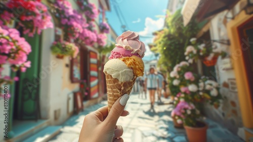 Mano di una donna tiene un bellissimo cono gelato dolce e luminoso con gusti diversi, su sfondo vecchia strada fiorita