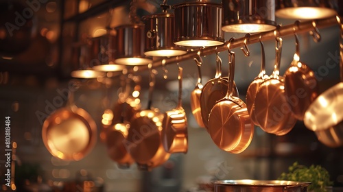 A hanging rack adorned with gleaming copper pots and pans, reflecting the warm glow of the kitchen lights