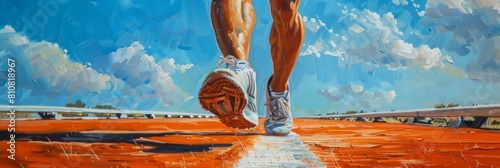 A vibrant oil painting of a marathon runner's legs mid-stride, capturing movement and the human spirit of endurance