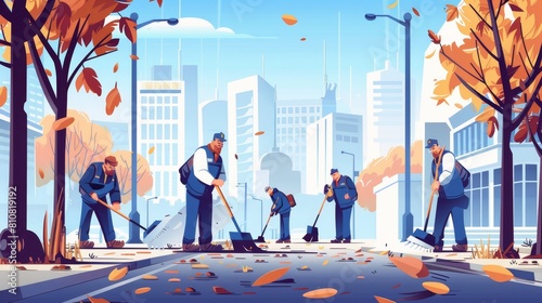 Janitors sweep dust and blow out leaves on cityscape background. Men with blower and broom clean autumn city, cartoon modern illustration.