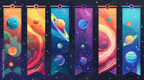 Several bookmarks with cartoon planets in space, vertical banners for astronomy books, aliens with bright surfaces. Galaxy and Universe exploration, stars, and alien objects with bright surfaces.