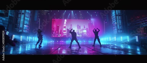 Studio set up for music video shooting with three professional dancers performing on stage with a big LED screen in a modern city background. Director and cameraman at back stage.