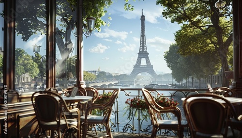 Tavolo all'aperto in un bar con vista sulla Torre Eiffel