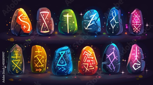 For game design, rune stones with white sacred glyphs isolated on dark background. Modern cartoon set of colored stones with shiny magic signs.