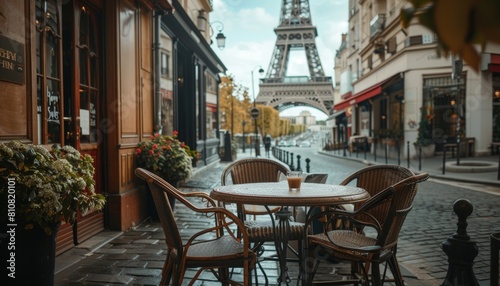 Tavolo all'aperto in un bar con vista sulla Torre Eiffel