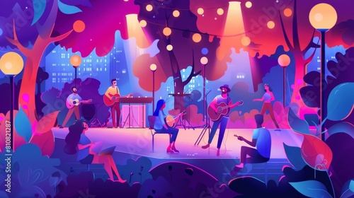The picture depicts people with acoustic and electric guitars performing in the park. The landing page of an open-air concert includes a cartoon illustration depicting musicians playing their