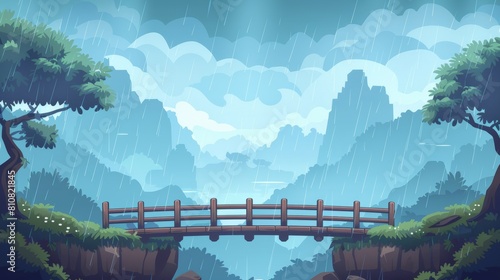 Animated 2D landscape with log bridge spanning mountains above cliff in rainy weather. Animated 2D landscape, beautiful nature cartoon scenery with separate layers template, modern illustration.