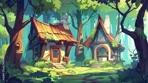 A Parallax background of a wooden house in a summer forest. An old shack in a deep wood 2D landscape. Cartoon scenery view with a forester or witch hut separated into layers for game scenes, modern