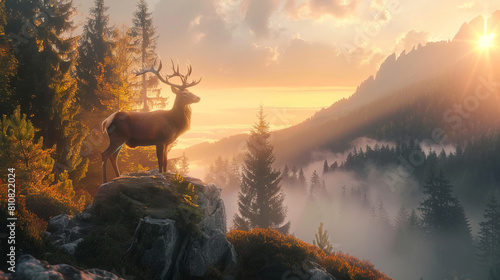 Majestic deer stands on a rock at sunrise with misty forest