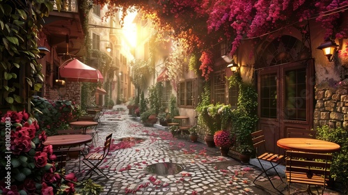 Vista Romantica di un bar sul vicolo fiorito italiano, con raggio di luce del tramonto