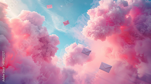 Pink clouds on blue sky with white mockup letters flying for Gender Reveal Party, Event Decoration, Greetings, Invitations, Baby Shower, Holiday, Birthday, It's a Boy, It's a Girl