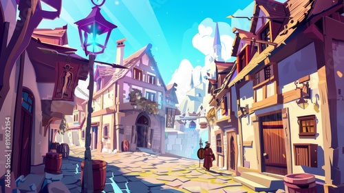 In this illustration, the background is a parallax background of a ranger with a magic spear at the street in an ancient city. This is a cartoon 2d cityscape with a fantasy character and separated